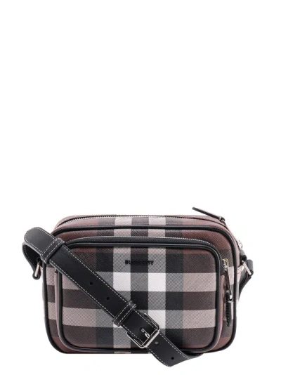 Burberry Coated Canvas Shoulder Bag With Tartan Motif In Brown