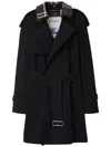 Burberry Trench Coat With Belted Waist And Plaid Collar In Black