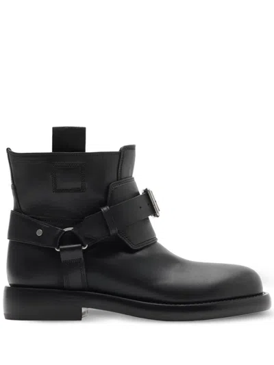 Burberry Cobble Leather Boots With Strap In Black