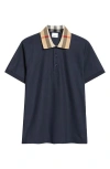 Burberry Men Check Collar Cotton Polo Shirt In Blue