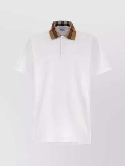 Burberry Check-collar White Polo Shirt With Three-button Placket