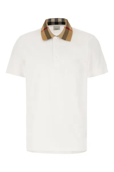 Burberry Check Collar Cotton Polo Shirt In White