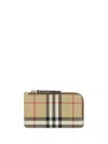 Burberry Mini Leather Wallet With Iconic Check Pattern And Zip Closure In Beige