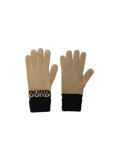Burberry Color-blocked Lettered Knitted Gloves In Brown