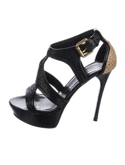 Pre-owned Burberry Colorblock Pattern Leather Trim Embellishment T-strap Sandals In Black
