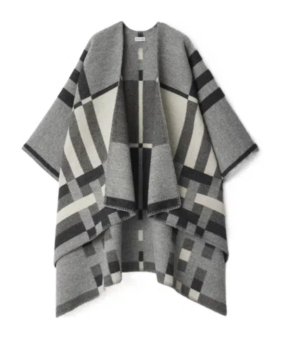 Burberry Colour Block Check Wool Cape In Gray