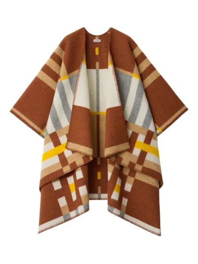 Burberry Colour Block Check Wool Cape In Brown
