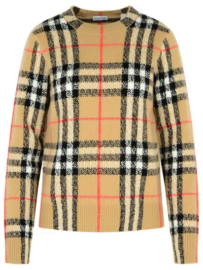BURBERRY BURBERRY 'CONSTANCE CHECK' BEIGE CASHMERE AND WOOL SWEATER