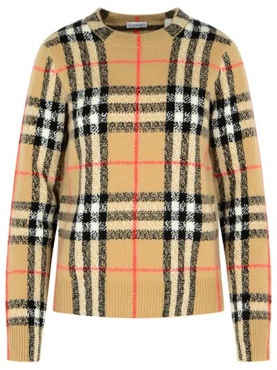 BURBERRY BURBERRY 'CONSTANCE CHECK' BEIGE CASHMERE AND WOOL SWEATER WOMEN