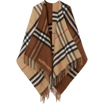 Burberry Contrast Check Wool Cashmere Cape In Archive Beige/dark Birch Brown