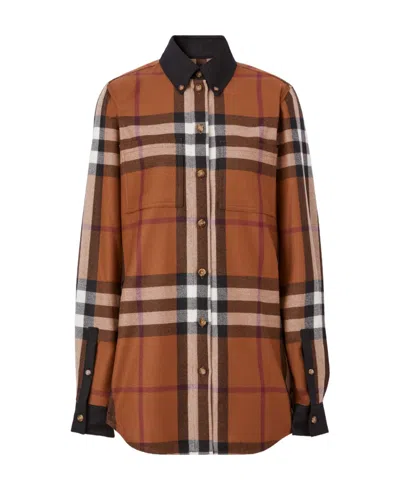 Burberry Contrast-trim Checked Shirt In Brown