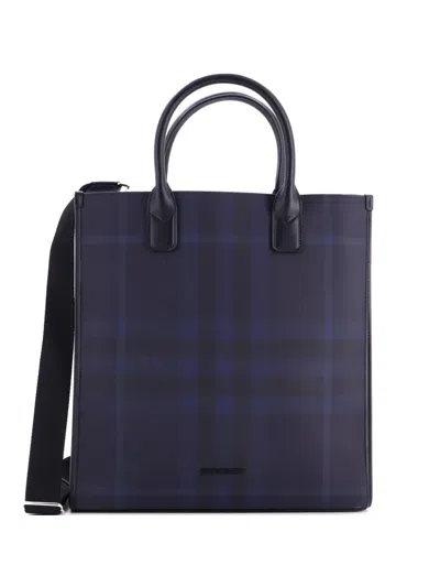 Pre-owned Burberry Convertible London Check Coated Canvas With Leather Medium Tote Bag In Blue