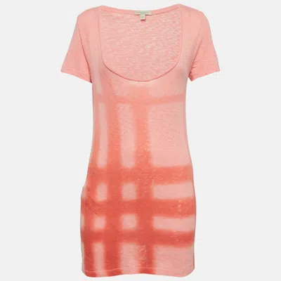 Pre-owned Burberry Coral Pink Check Sprayed Cotton Scoop Neck T-shirt Xs