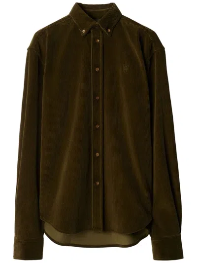 Burberry Corduroy Embroidered Shield Monogram Shirt In Olive