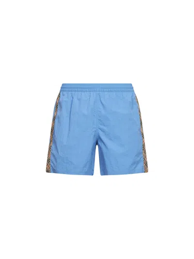 Burberry Cornflower Blue Nylon Swim Shorts With Check Trims