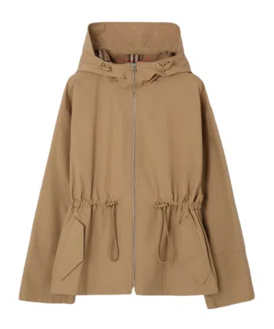 Burberry Cotton Blend Hooded Jacket In Brown
