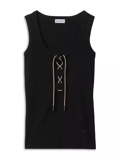 Burberry Cotton Blend Tank Top With Check Trim In Black