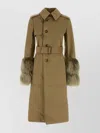 Burberry Cotton Blend Trench Coat With Fur Cuffs In Brown