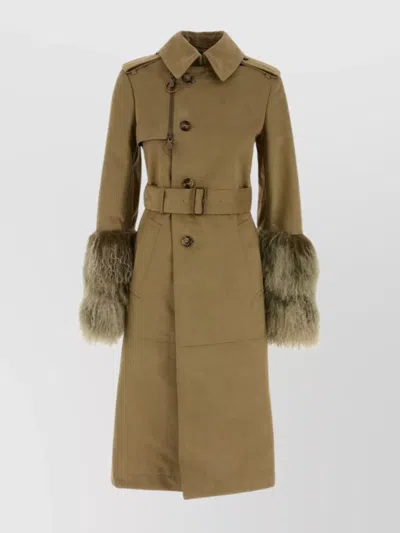 Burberry Cotton Blend Trench Coat With Fur Cuffs In Brown
