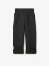 Burberry Black Pants With Logo Embroidery On The Side And Turn-up Checked Hem In Cotton Man In Black