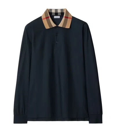 Burberry Cotton Check-collar Long-sleeve Polo Shirt In Blue