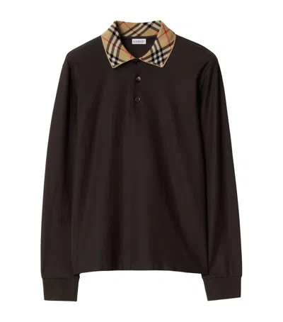 Burberry Cotton Check-collar Long-sleeve Polo Shirt In Brown