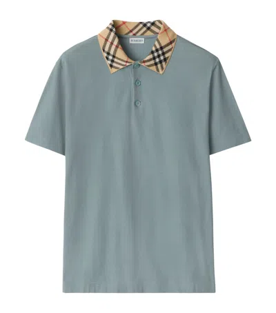 Burberry Cotton Check Collar Polo Shirt In Blue