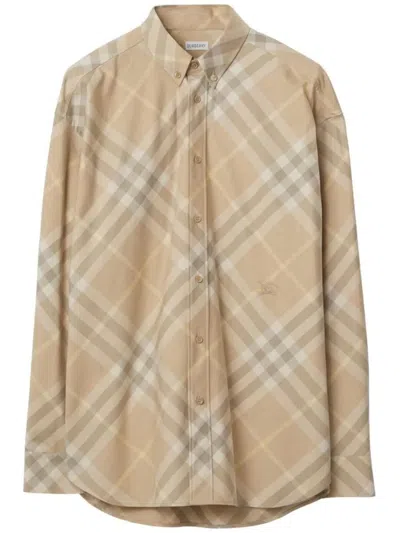 Burberry Check Cotton Shirt In Flax