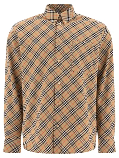 Burberry Cotton Check Shirt With Button-down Collar In Yellow