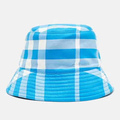 Pre-owned Burberry Cotton Checked Bucket Hat M In Blue