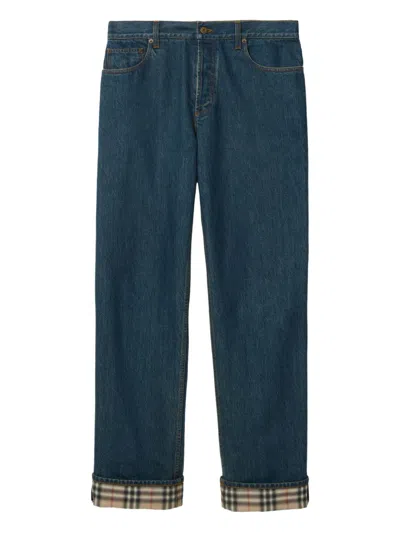 Burberry Cotton Classic Fit Jeans With Check Patterned Hem In Green