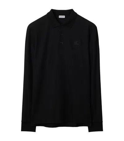 Burberry Cotton Ekd -embroidered Long-sleeve Polo Shirt In Black