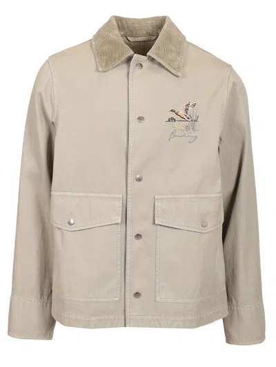 Burberry Cotton Jacket With Corduroy Collar And Embroidered Detail In Heron