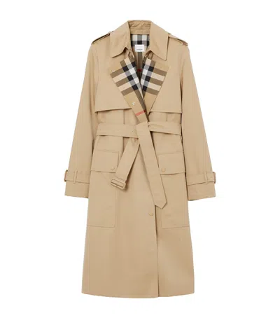 Burberry Cotton Gabardine Check-collar Trench Coat In Gold