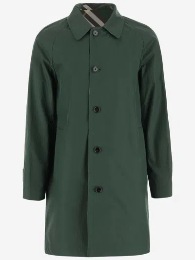Burberry Cotton Gabardine Coat With Check Pattern In Green
