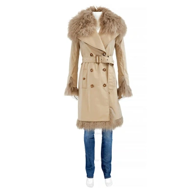 Burberry Cotton Gabardine Shearling Trim Belted Trench Coat In Honey