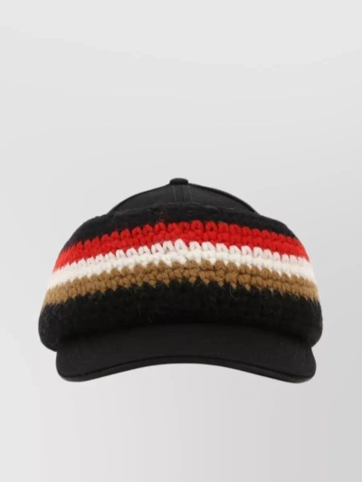 Burberry Cotton Hat With Curved Visor And Striped Pattern In Black