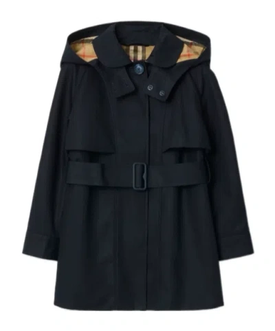 Burberry Kids' Cotton Hooded Trench Coat In Blue