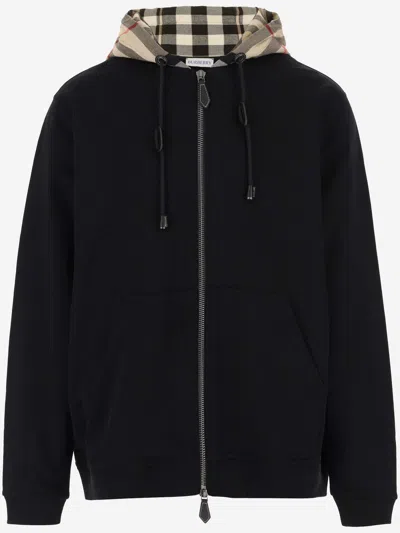 Burberry Cotton Hoodie With Check Pattern In Black