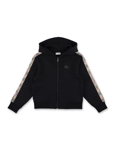 Burberry Cotton Hoodie With Check Trims For Kids In Black