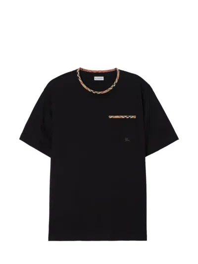 Burberry Cotton Logo T-shirt With Checkered Trim And Chest Pocket In Black