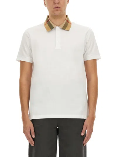 Burberry Check-collar White Polo Shirt With Three-button Placket