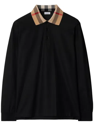 Burberry Cody Beige Polo Shirt With Long Sleeves And Check Motiv On The Collar In Cotton Man In Black