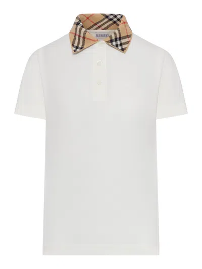 Burberry Cotton Polo Shirt With Check Collar In White