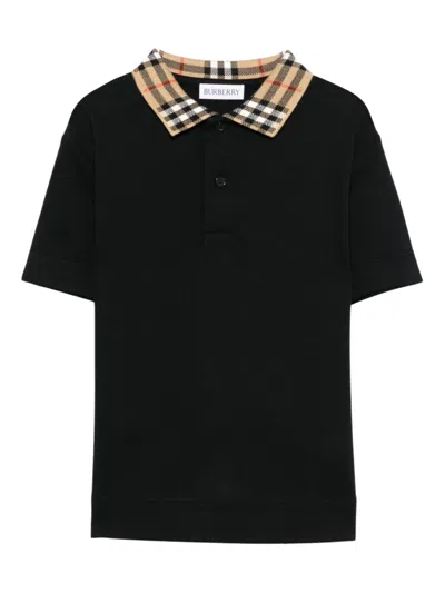 Burberry Cotton Polo With Check Collar For Kids In Black