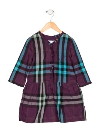 Pre-owned Burberry Babies' Cotton Purple And Multicolor Patterned Short Sleeve Dress With Button Closure