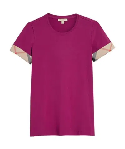 Burberry Cotton Round-collar Checked Cuff T-shirt In Purple