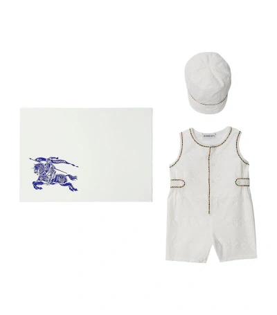 Burberry Kids' Cotton Seersucker Playsuit And Hat Set (1-18 Months) In White