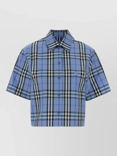 Burberry Cotton Shirt Short Sleeves Checked Collar In Blue