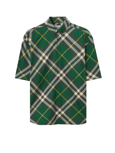 Burberry Oversized Plaid Cotton Shirt With Short Sleeves In Green